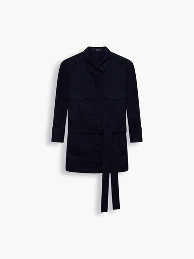 Linen-blend belted button shirt in Black. The classic black shirt is a wardrobe essential. Ours comes in a relaxed fit with a more tailored shoulder and partially concealed buttons for a more streamlined, polished look. Perfect for tucking into tailored pants or styled loosely over jeans with the matching sash on the weekend.