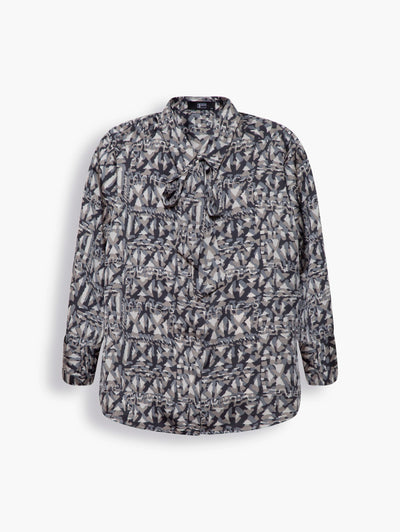 Satin Shirt with Necktie in Abstract Grey Print. This satin blouse comes in an elegant japanese abstract print design. Pair yours with the matching pleated midi skirt and necktie for a preppy style. Or high rise jeans and structural jewellery for the weekend brunch.