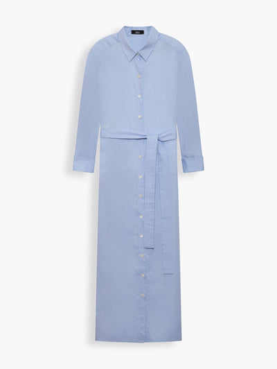 Cotton Maxi Shirt Dress in Light Blue with matching face mask. Designed for a relaxed tailoring silhouette, the shirting cotton fabric is comfortable to wear and looks effortlessly stylish. Define your waist with the matching sash or a statement belt for work. Or style it with sneakers and a fedora hat, and head out for brunch with your bffs.
