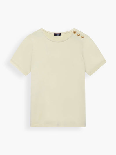 “Sunflower” Button-embellished Classic T-shirt in Sunlit Yellow. Bring joy with this limited edition T-shirt. Embellished with gold-tone buttons in sunflower or “happy flower” motif along one shoulder, this sunlit hue is charming and flattering for most skin tones.