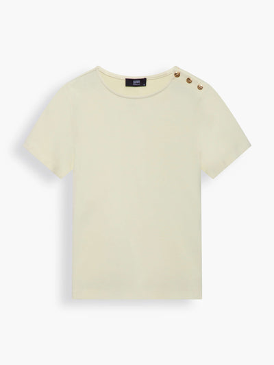 “Hearts” Button-embellished Jersey T-shirt in Sunlit Yellow. This T-shirt comes embellished with gold-tone buttons in a heart shape motif along one shoulder. The illuminating shade is flattering for most skin tones and easy to layer. Wear yours with straight pants for work or tailored shorts and loafers for the weekend.