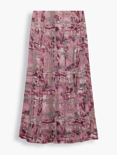 Pleated Midi Skirt in Abstract Pink Print. This skirt is cut from a lustrous and feminine japanese print design. It’s pleated with lightweight satin and creates pretty movement with every step. Create an alluring ensemble with the matching shirt.