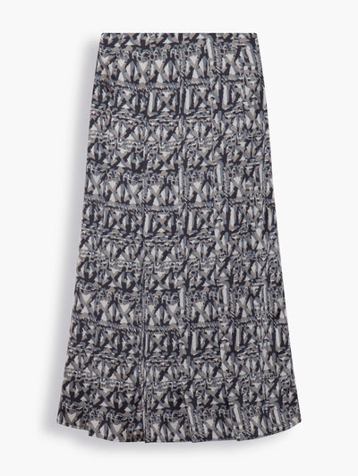 Pleated Midi Skirt in Abstract Grey Print. This design comes in an understated yet alluring japanese printed satin. It’s designed to sit at your natural waist and has pressed pleats that create a flattering silhouette. Pair yours with the matching shirt.