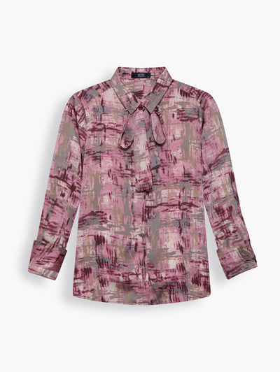 Satin Shirt with Necktie in Abstract Pink Print. Comes in a lustrous, pink japanese abstract print. Wear it with the matching pleated midi skirt and necktie, or a tailored pantsuit and statement pearl earrings.
