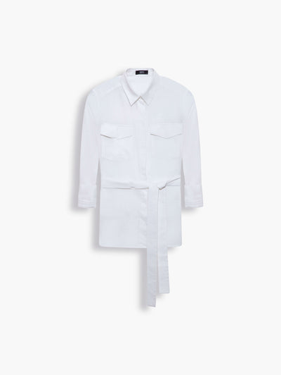 Linen-blend belted button shirt in White. There are many ways to wear a white collared shirt and whatever styles you wear it will leave you looking chic and put together. Our design has an utilitarian appeal thanks to the flap pockets and a slightly relaxed, boxy cut. Belt it for a more defined waist. Button down, layer up, knot - style it your way.